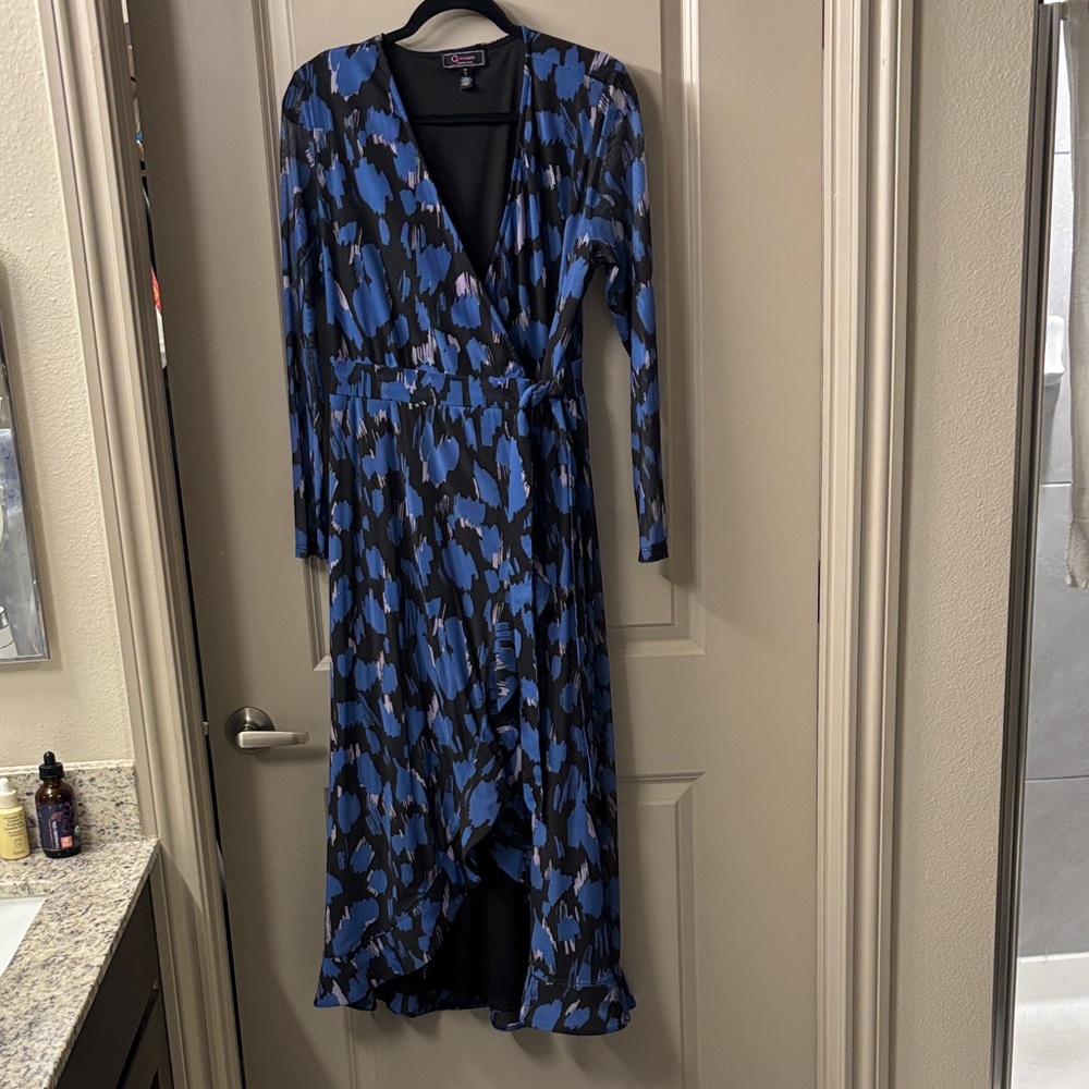 Christian Siriano Blue and Black Wrap Midi Dress